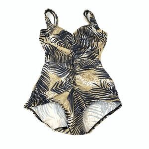$115 Playa Swim Collection One Piece Tropical Palm Leaf Swimsuit 12 Cream Black
